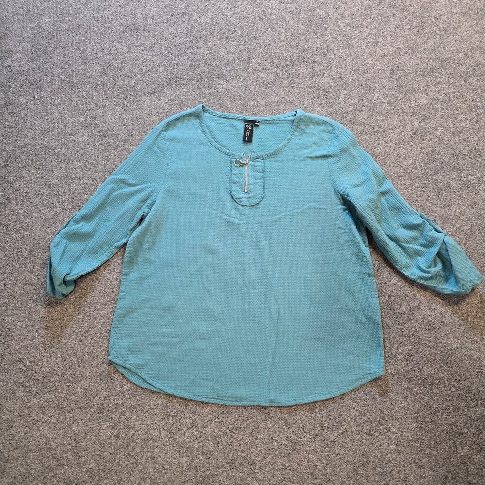 Focus Casual Life Top Womens Size Medium Green Textured Zipper 3/4 Sleeve Casual